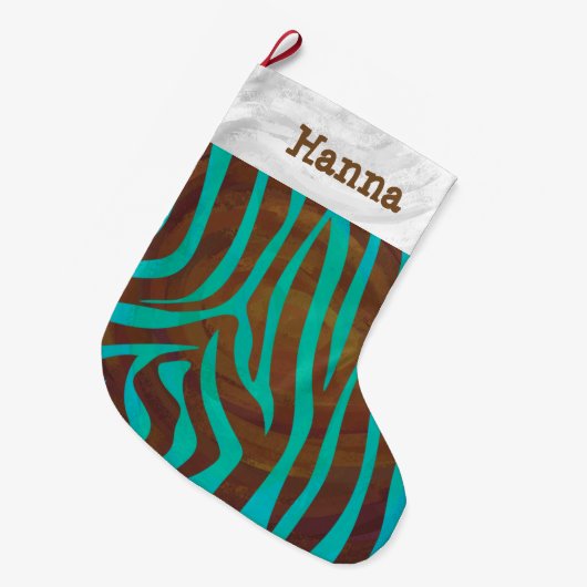 Zebra bruin en Blauwgroen met monogram Grote Kerstsok (Voorkant (Hangend))