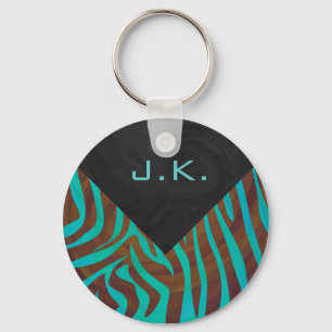 Zebra bruin en Blauwgroen met monogram Sleutelhanger