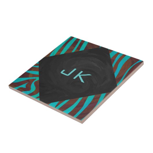 Zebra bruin en Blauwgroen met monogram Tegeltje (Zijkant)