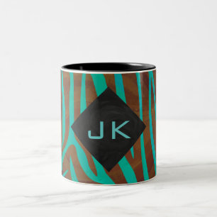 Zebra bruin en Blauwgroen met monogram Tweekleurige Koffiemok