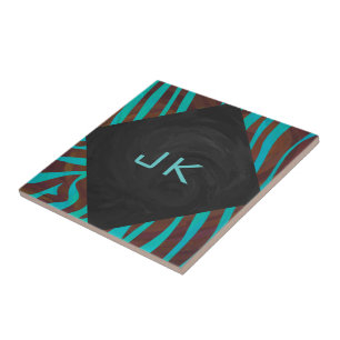 Zebra Bruin en Turkoois met Monogram Tegeltje