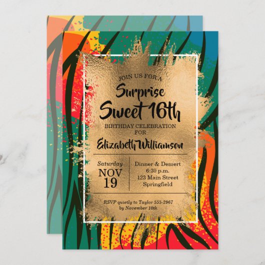 Zebra Colorful Sweet 16e anniversaire Invitations (Devant / Derrière)