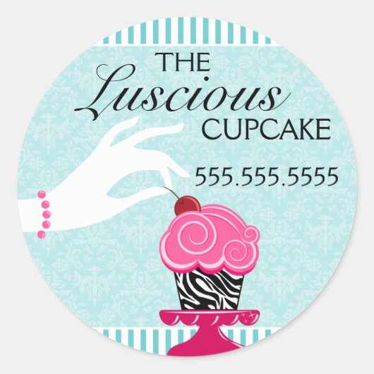 Zebra Cupcake Blauwgroen Damask Bakkerij Seals Ronde Sticker (Voorkant)