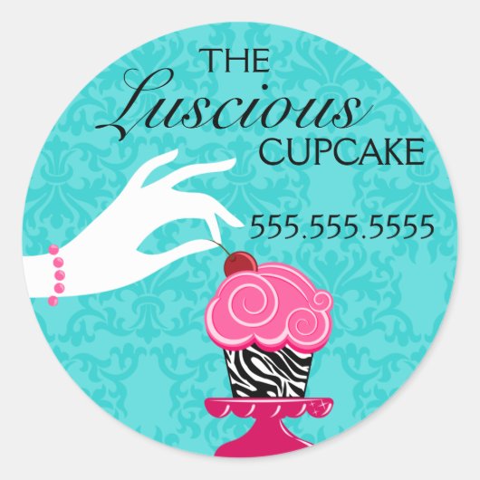 Zebra Cupcake Turquoise Damask Bakery Seals Ronde Sticker (Voorkant)