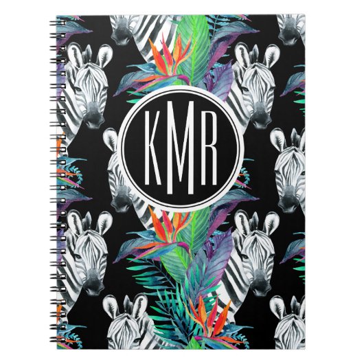 Zebra en exotische bloemen | Monogram Notitieboek (Voorkant)