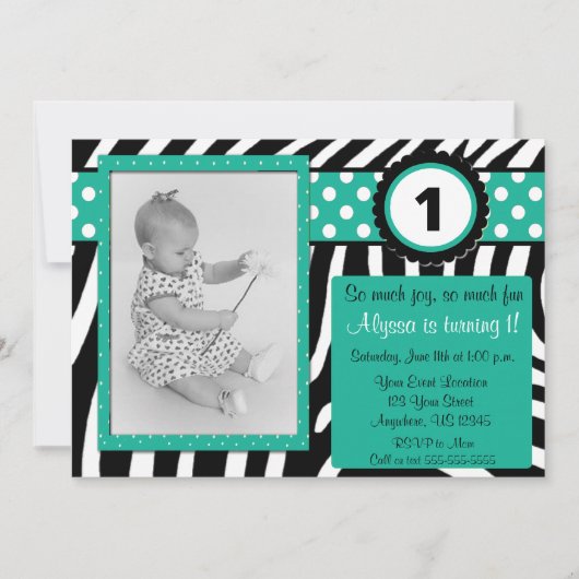Zebra et Turquoise Invitation d'anniversaire TOUT (Devant)