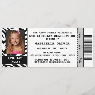 Zebra Event Ticket Birthday Party Invitation Kaart