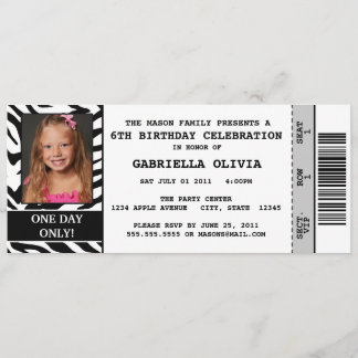 Zebra Event Ticket Birthday Party Invitation Kaart