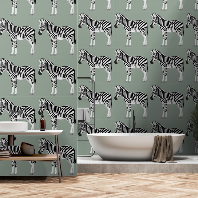 Zebra Exotisch dierpatroon Sage Groen Behang (Badkamer)