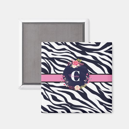 Zebra Floral Monogram Magnet Magneet (Voorkant / Achterkant)