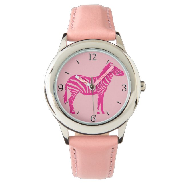 Zebra - Fuchsia en lichtroze Horloge (Voorkant)