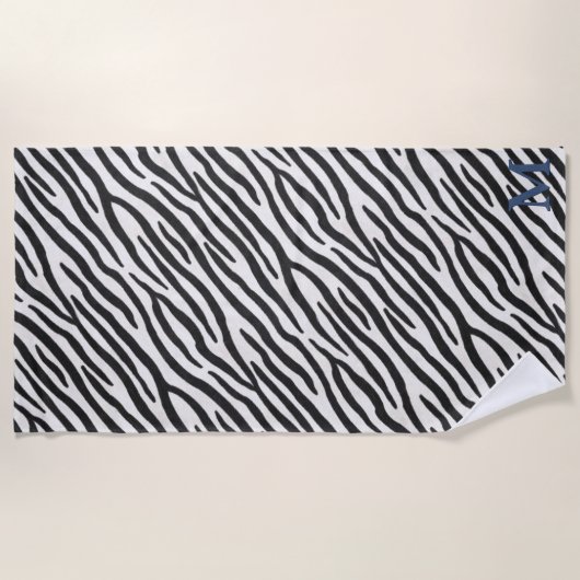 Zebra Fur Realistic Animal Print Blue Monogram Strandlaken (Voorkant)