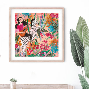 Zebra & girl rose vif jungle tropicale Poster