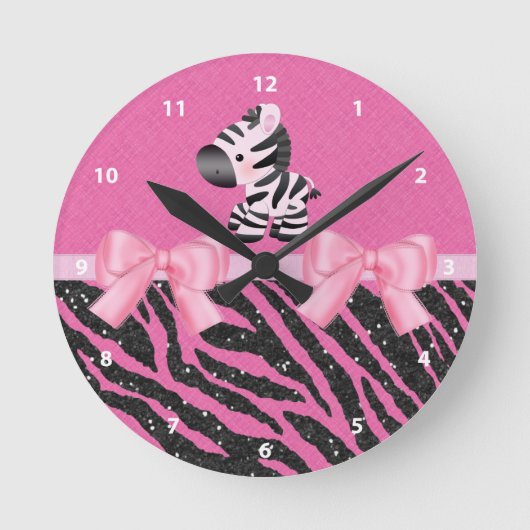 Zebra, glitter en rode roze en zwarte vingerafdruk ronde klok (Voorkant)