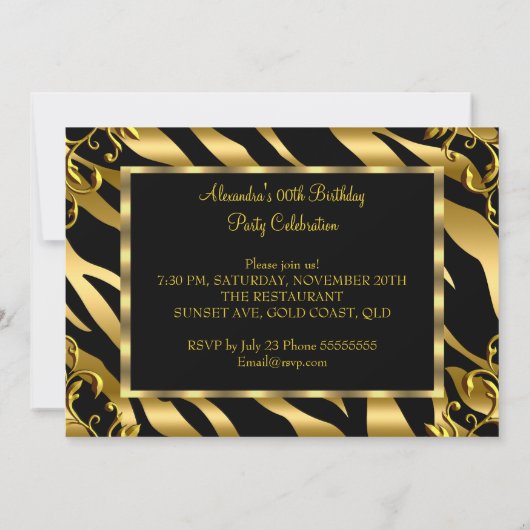 Zebra Gold Foil Black Elegant Birthday Party Kaart (Achterkant)
