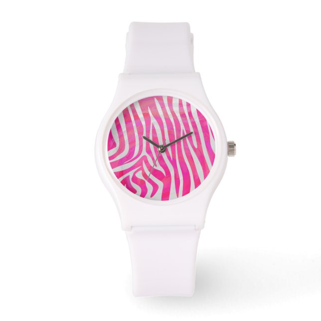 Zebra Hot Pink en White Print Horloge (Voorkant)