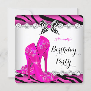 Zebra Hot Pink Glamor High Heels Birthday Party Kaart