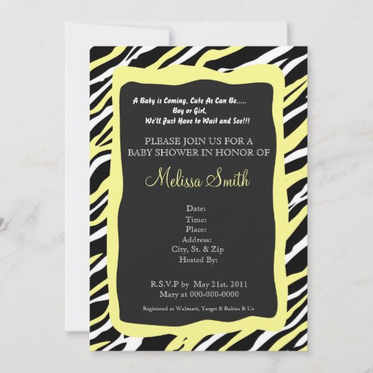 Zebra Imprimer Baby shower Invitation - Jaune (Devant)