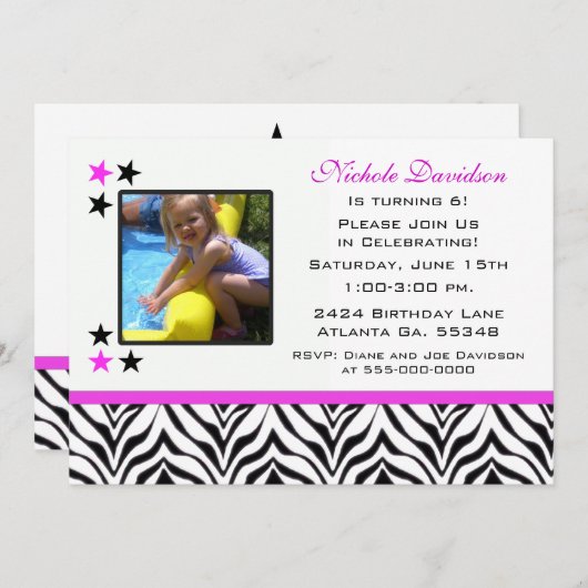 Zebra Imprimer: Invitations à la fête du 6e annive (Devant / Derrière)