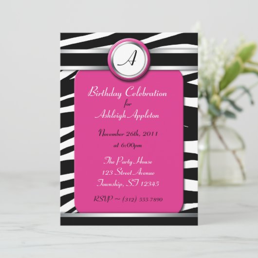 Zebra Imprimer Monogramme Fuchsia Invitations d'an (Debout devant)