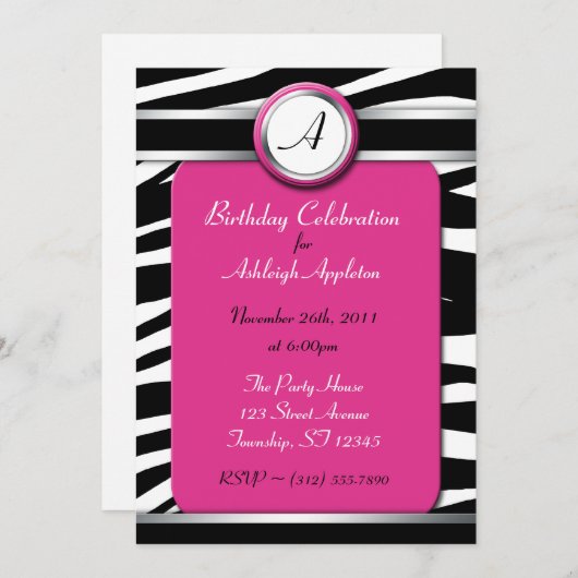 Zebra Imprimer Monogramme Fuchsia Invitations d'an (Devant / Derrière)