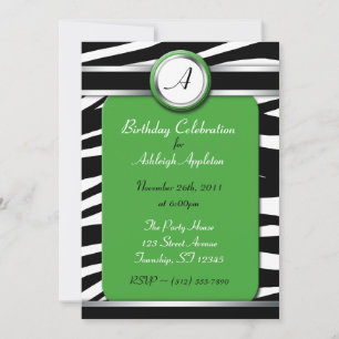 Zebra Imprimer Monogramme Vert Invitations d'anniv