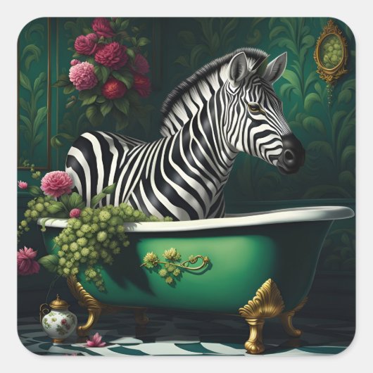 Zebra in een bad vierkante sticker (Voorkant)