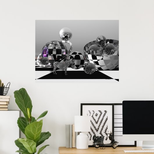 Zebra in een wereld met B&W-sci-fi Poster (Thuiskantoor)