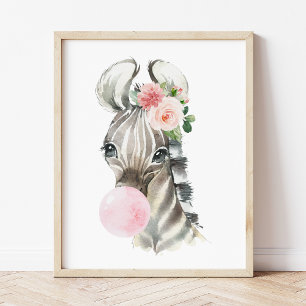 Zebra, Jungle, Roze Kauwgom, Meisjes Nursery Poster