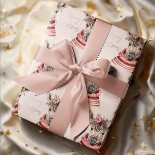 Zebra Kerst Roze & Vrolijk Kerstfeest Cadeaupapier