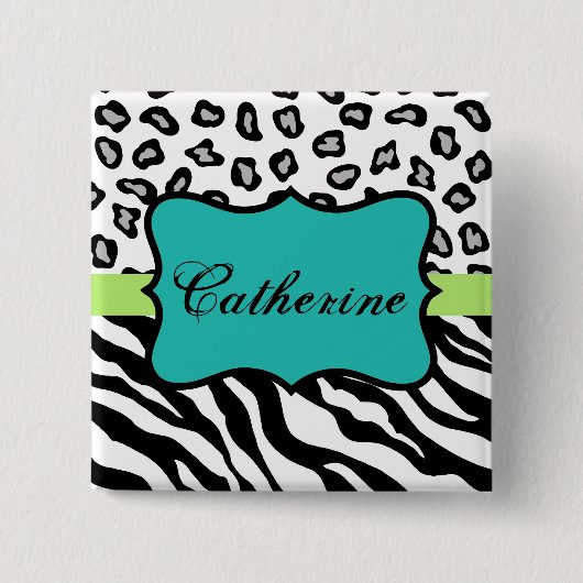 Zebra Leopard Peau Noir Blanc Turquoise Nom Badge (Devant)