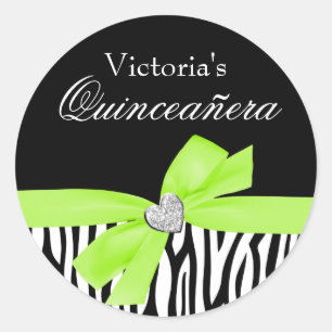Zebra Lime Green Bow Diamond Quinceanera Ronde Sticker