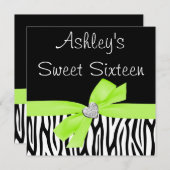 Zebra Lime Green Bow Diamond Sweet 16 Invitations (Devant / Derrière)