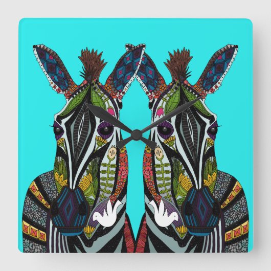 zebra love turquoise vierkante klok (Voorkant)