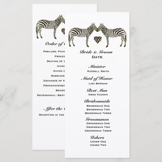 Zebra Love Wedding Programme (Devant / Derrière)