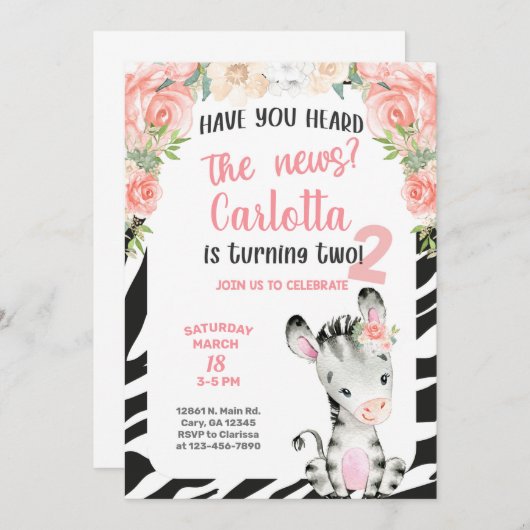 Zebra meisje 2e verjaardag uitnodiging. kaart (Voorkant / Achterkant)