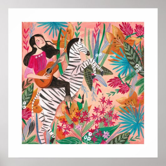 Zebra & meisje felroze tropisch oerwoud Poster (Voorkant)