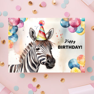 Zebra met ballonnen en feest Pet Happy Birthday Kaart