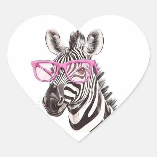 Zebra met roze bril hart sticker (Voorkant)