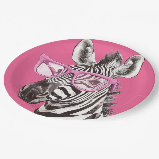 Zebra met roze bril papieren bordje (Gekanteld)