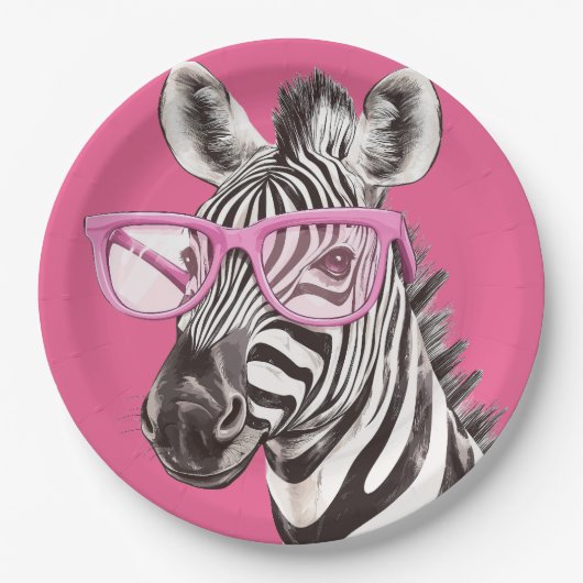 Zebra met roze bril papieren bordje (Voorkant)