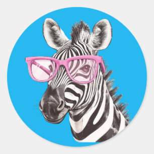 Zebra met roze bril Sticker D. Blauwe achtergrond