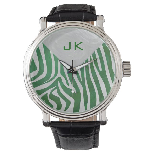 Zebra Monogram Groen en Witte Druk Horloge (Voorkant)