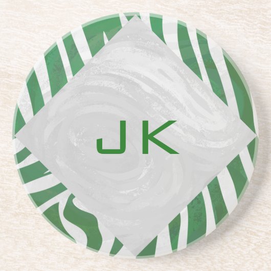 Zebra Monogram Groen en Witte Druk Zandsteen Onderzetter (Voorkant)