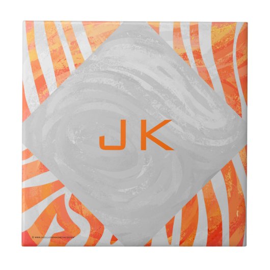 Zebra Monogram Oranje en wit Tegeltje (Voorkant)