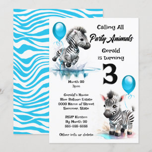 Zebra oerwoud safari thema jongens verjaardagsblau kaart
