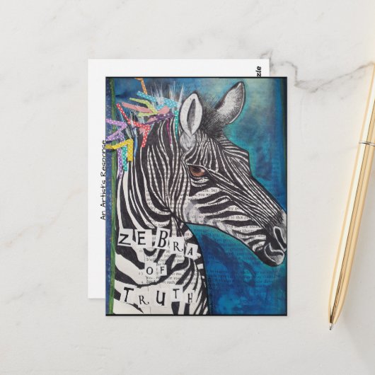 'Zebra of Truth' funky mixed media briefkaart (Voorkant / Achterkant in situ)