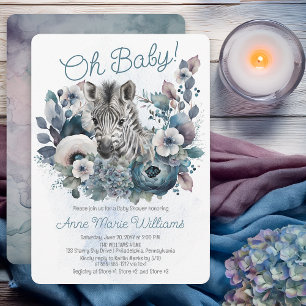Zebra Oh Baby Blauwe Bloemachtige Baby Shower Kaart