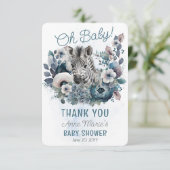 Zebra Oh Baby Blue Floral Baby shower Bedankkaart (Staand voorkant)