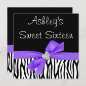 Zebra Paarse Bow Diamond Sweet 16 Uitnodigingen (Voorkant / Achterkant)
